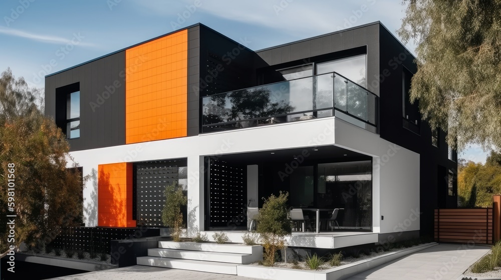 A sleek black and white facade with a pop of vibrant color. AI generated
