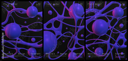 Collection techno poster 3D Abstract liquid shape. Abstract print for streetwear, print for t-shirts and sweatshirts on a black background