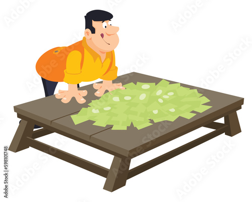 Man with big pile of money. Illustration for internet and mobile website.