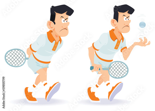 Man with tennis ball playing tennis. Funny people. Illustration for internet and mobile website.
