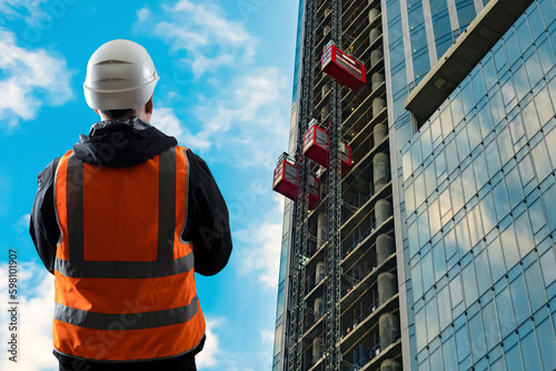 Construction company contractor. Man builder with his back to camera. Worker near unfinished high-rise building. Building with temporary construction elevators. Builder man in orange vest
