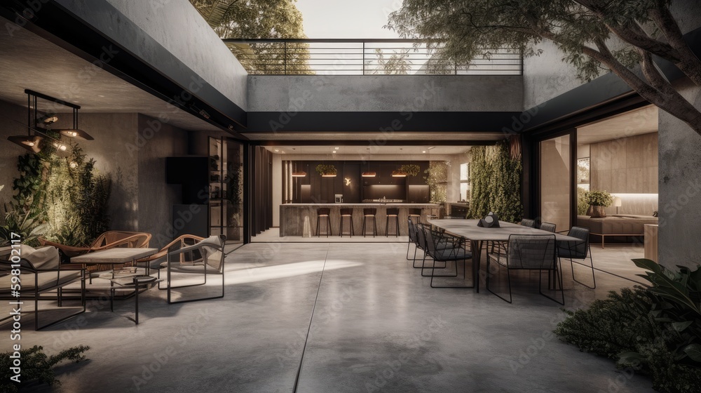 A sleek outdoor space with a polished concrete patio and elegant lighting fixtures. AI generated