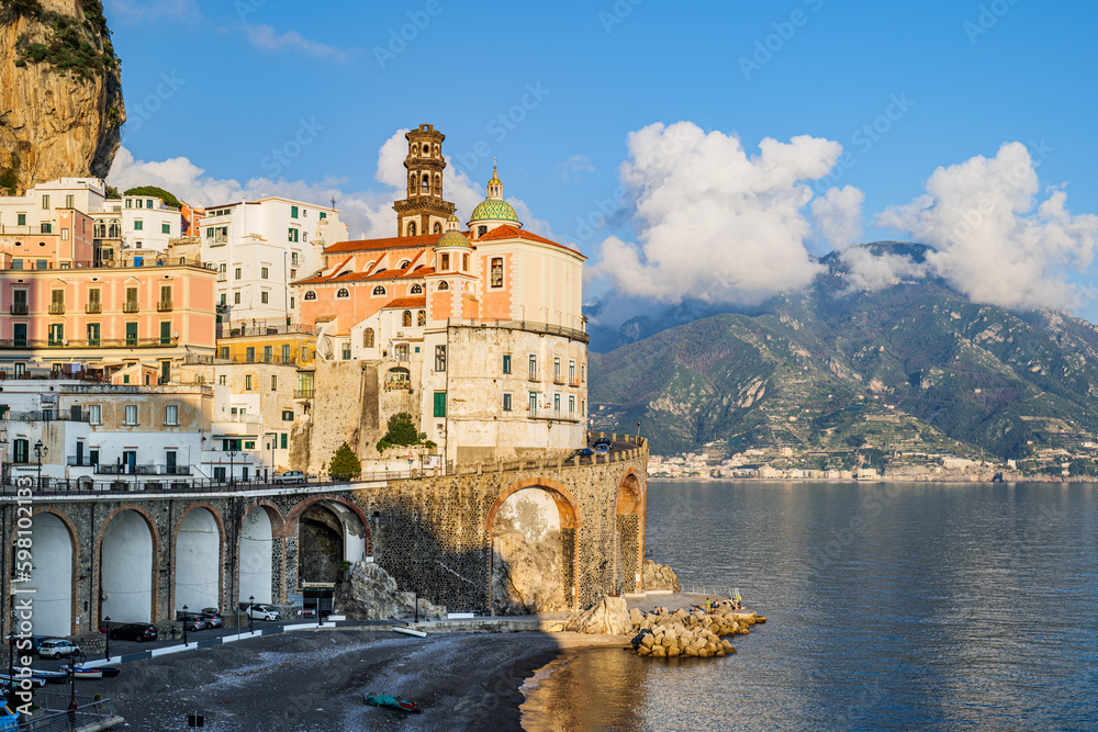 Atrani, Italy. View of the small seaside village of Atrani and its beach, on the Amalfi Coast. In the distance the coast of Salerno. 2022-12-28.