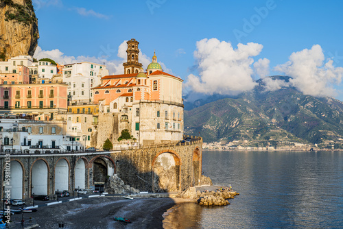 Atrani, Italy. View of the small seaside village of Atrani and its beach, on the Amalfi Coast. In the distance the coast of Salerno. 2022-12-28.