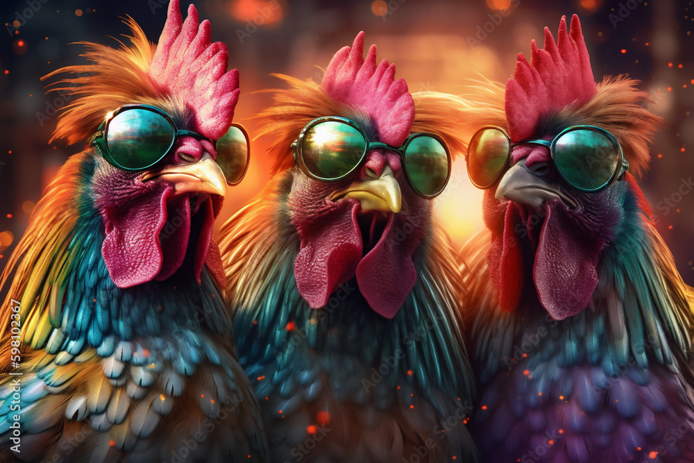 3 coole bunte Hühner mit Sonnenbrillen in Partystimmung. Generative Ai