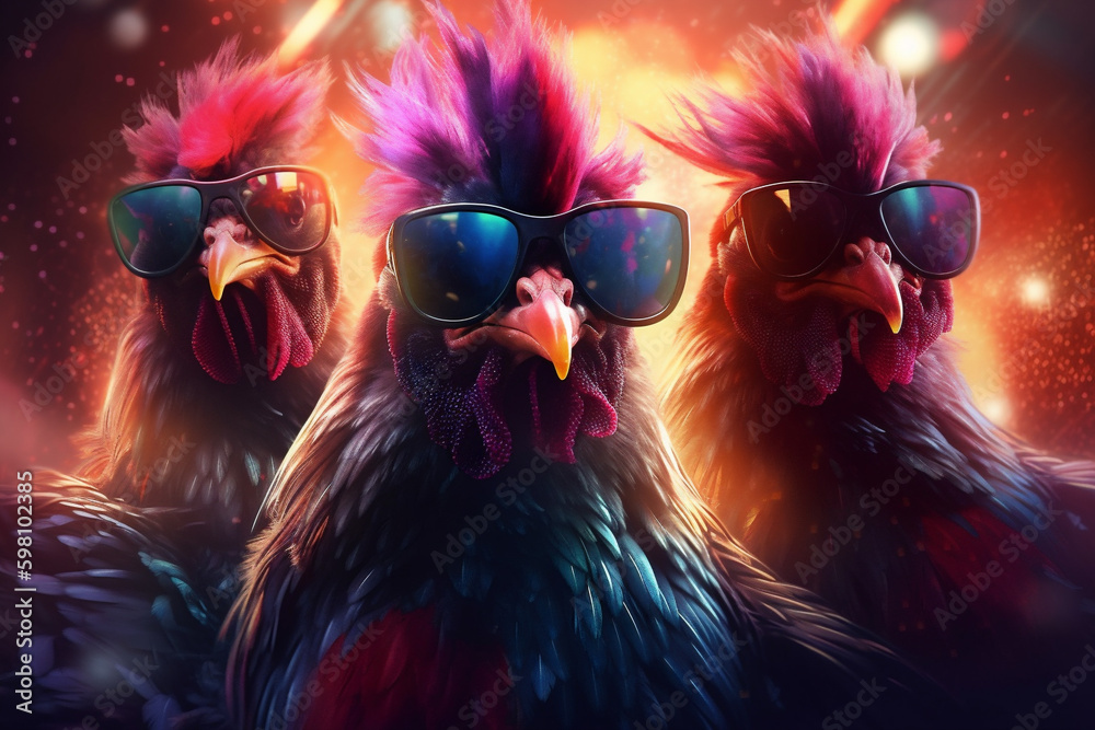 3 coole bunte Hühner mit Sonnenbrillen in Partystimmung. Generative Ai