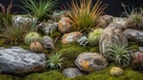 A small rock garden featuring unusual, shaped stones and small Air Plants. AI generated