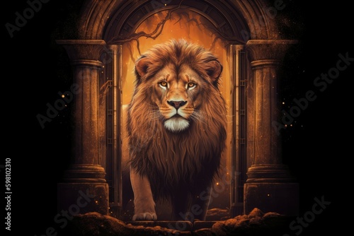 Majestic lion in a king s robe steps through a portal into a magical kingdom. Generative AI