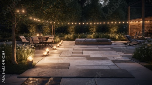 A sophisticated outdoor space with a minimalist flagstone patio and elegant lighting. AI generated