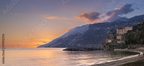 Maiori, Italy. View after sunset of the Amalfi Coast, from Maiori beach. 2022-12-28. photo