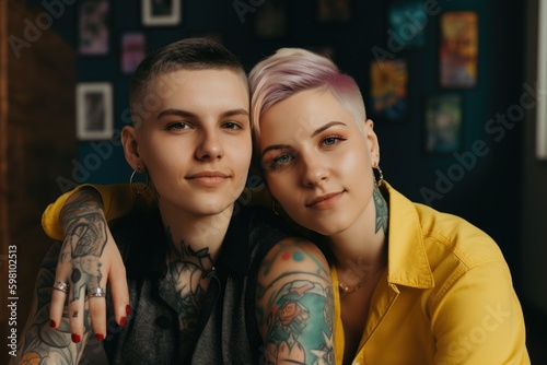 Fotobehang Happy young couple with tattoos and vivid colors short hair in an office