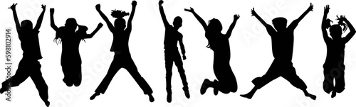 silhouettes of happy children jumping together, svg vector file
