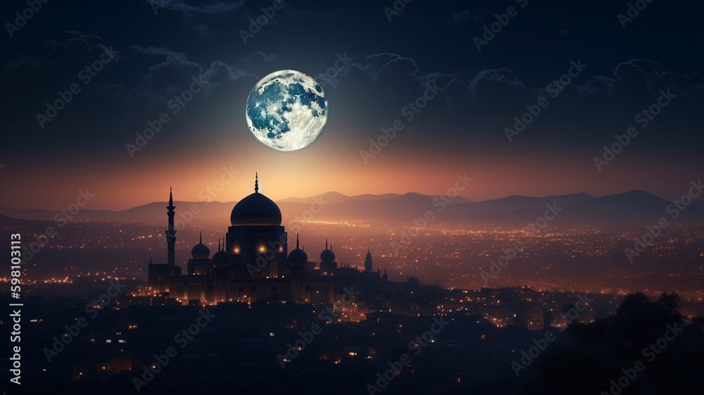 A round moon and a mosque in the sky. Generative AI.