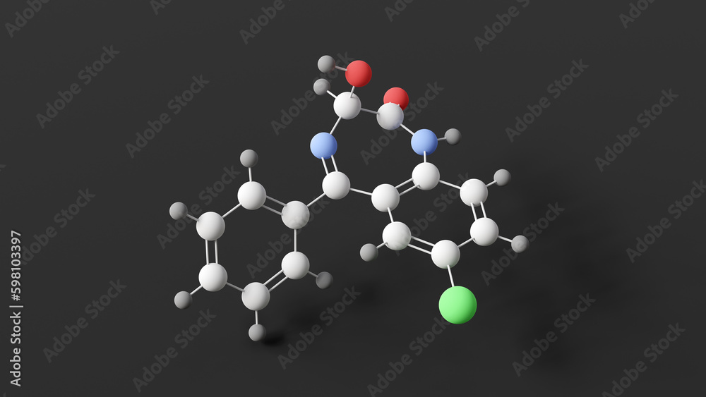oxazepam molecule, molecular structure, alepam, ball and stick 3d model, structural chemical formula with colored atoms oxazepam molecule, molecular structure, alepam, ball and stick 3d model, structural chemical formula with colored atoms