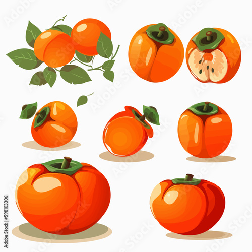 Set of vector images featuring ripe and juicy persimmons.