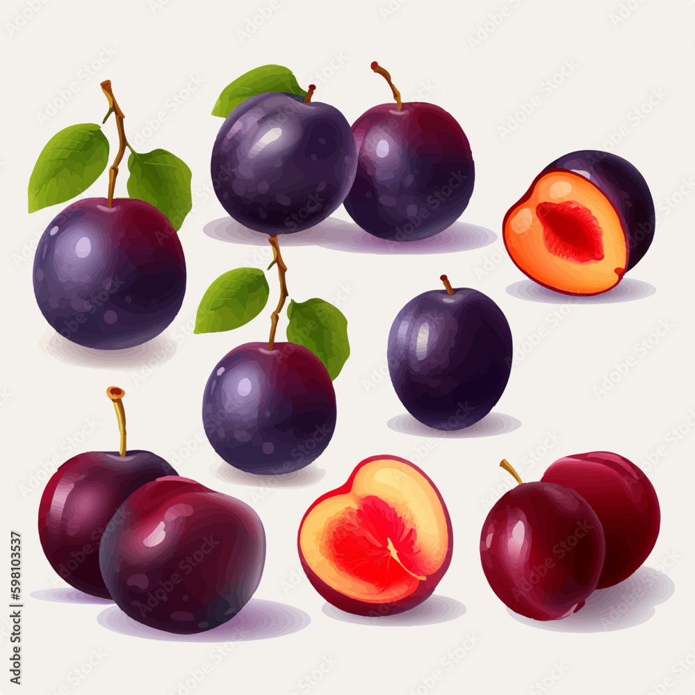 Add a burst of flavor to your designs with these plum vector graphics. Add a burst of flavor to your designs with these plum vector graphics.