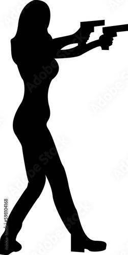 silhoette of action girl aiming 2 guns to target, svg vector file