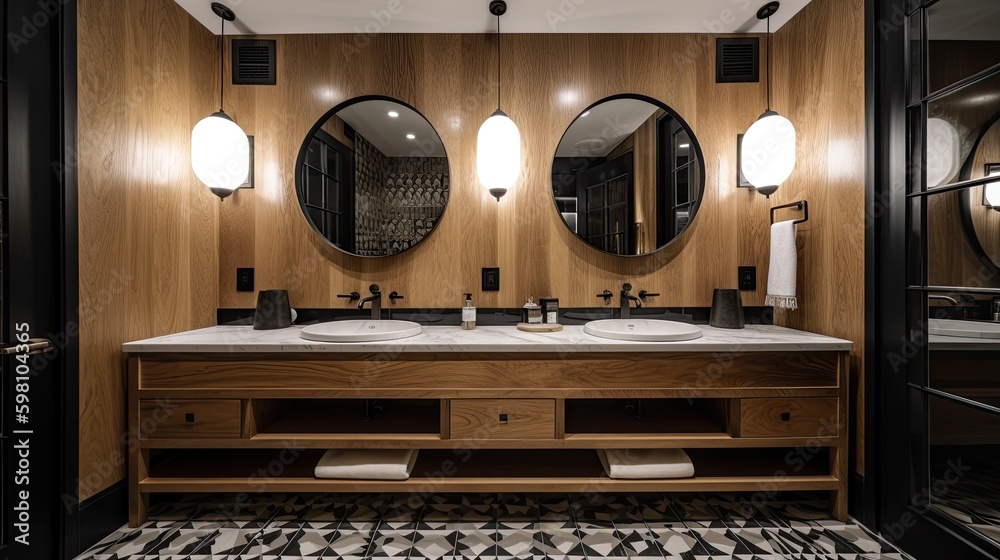 Modern Apartment Bathe: Refresh Yourself in a Cozy Bathroom of Wood and Tile Design, Generative AI Modern Apartment Bathe: Refresh Yourself in a Cozy Bathroom of Wood and Tile Design, Generative AI
