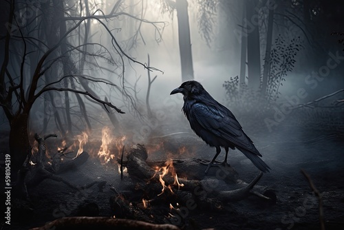 Eerie Evening: A Black Crow Emerging from Smoke in a Dark Forest at Full Moon: Generative AI