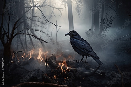 Eerie Evening: A Black Crow Emerging from Smoke in a Dark Forest at Full Moon: Generative AI photo