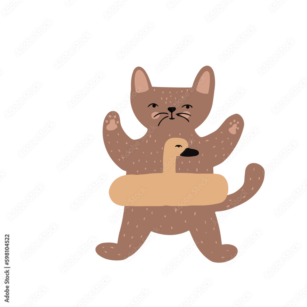 Fototapeta premium Cute hand drawn cat waiting for a bath in a duck lifebuoy. Vector illustration