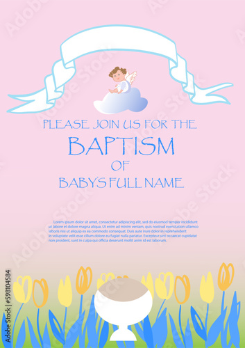 baptism invitation template Design with Cross and flowers in Vector