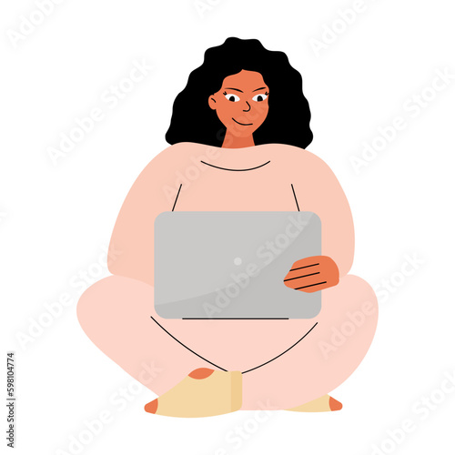 Girl freelancer working at a computer remotely from home. Flat illustration of female student distance learning