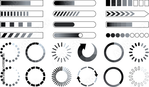 Loading download bars, time direct load stripes and circles. Internet files downloading progress bar. Interface computer web page decent vector elements