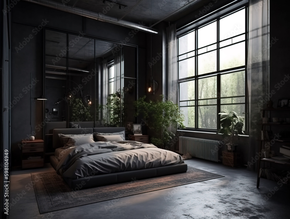 Dark loft master bedroom with large windows. luxury studio apartment in a loft style in dark colors, trendy gray minimalistic interior, king-size bed. Generative Ai Dark loft master bedroom with large windows. luxury studio apartment in a loft style in dark colors, trendy gray minimalistic interior, king-size bed. Generative Ai