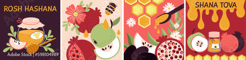 Rosh hashanah posters. Shana tova honey cards, happy holidays celebration. Banners with apples, pomegranate and harvest elements decent vector template
