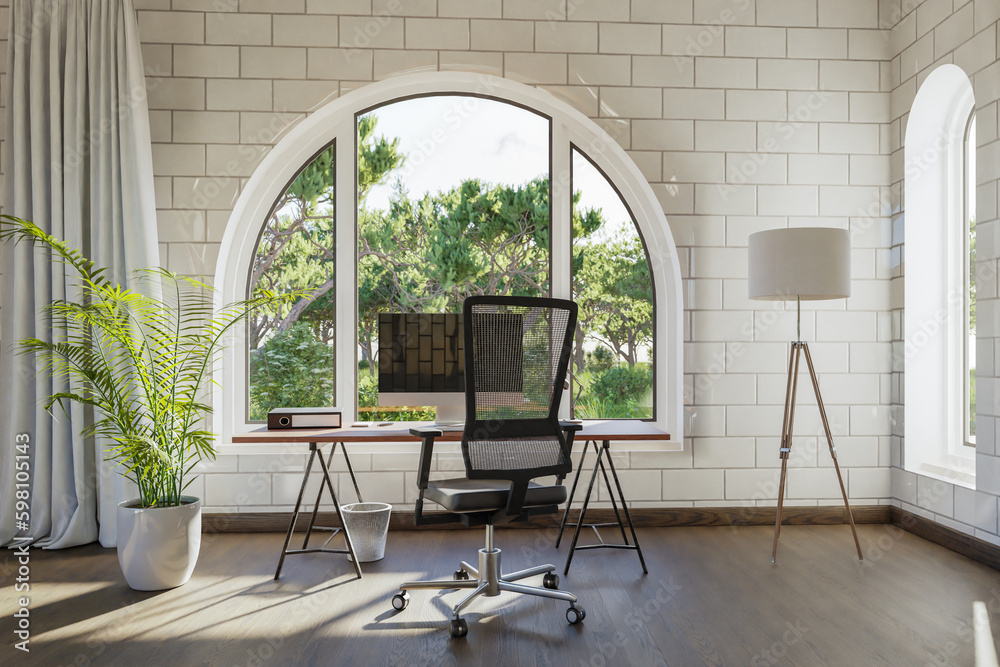 workplace with pc workstation in front of large arched windows; landscape view; bright sunlight; remote work freelance concept; 3D Illustration workplace with pc workstation in front of large arched windows; landscape view; bright sunlight; remote work freelance concept; 3D Illustration