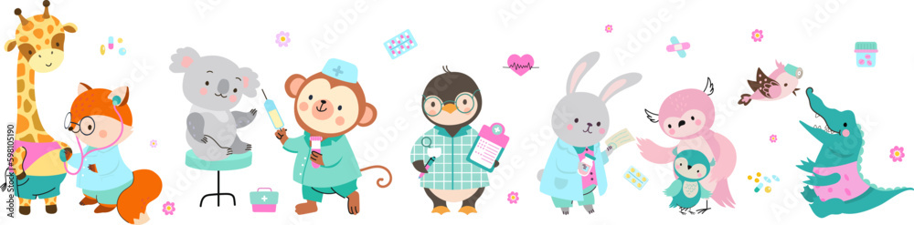 Animal doctors and patients. Cute sick koala and giraffe, tiny owl with mother at doctor. Animals pediatricians, nursery and ambulance nowaday vector characters - obrazy, fototapety, plakaty 