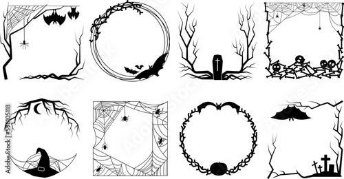 Halloween scary frames from bones, spiderweb, pumpkins and tree. Bats border, creepy horror mystical witch hat and spiders decent vector elements