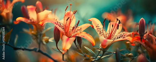 orange lilies on a teal green background as a web banner, Generative AI