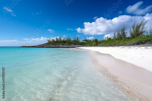 Paradise Beach with white sand and crystal clear turquoise water. Tropical destination, travel advertisement background with copy space. High quality photo Generative AI