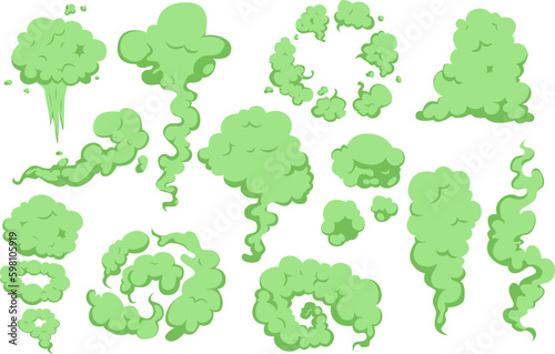 Bad smell green fog effects. Stinky clouds  gas or toxic fume. Cooking or garbage streams  badness smelly elements. Snugly mist stench vector set