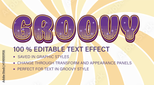 Groovy editable text effect in vintage style. Volumetric letters with halftone, shapes. Retro typographic graphic style. Good for hippie style of 60s, 70s For poster, header design