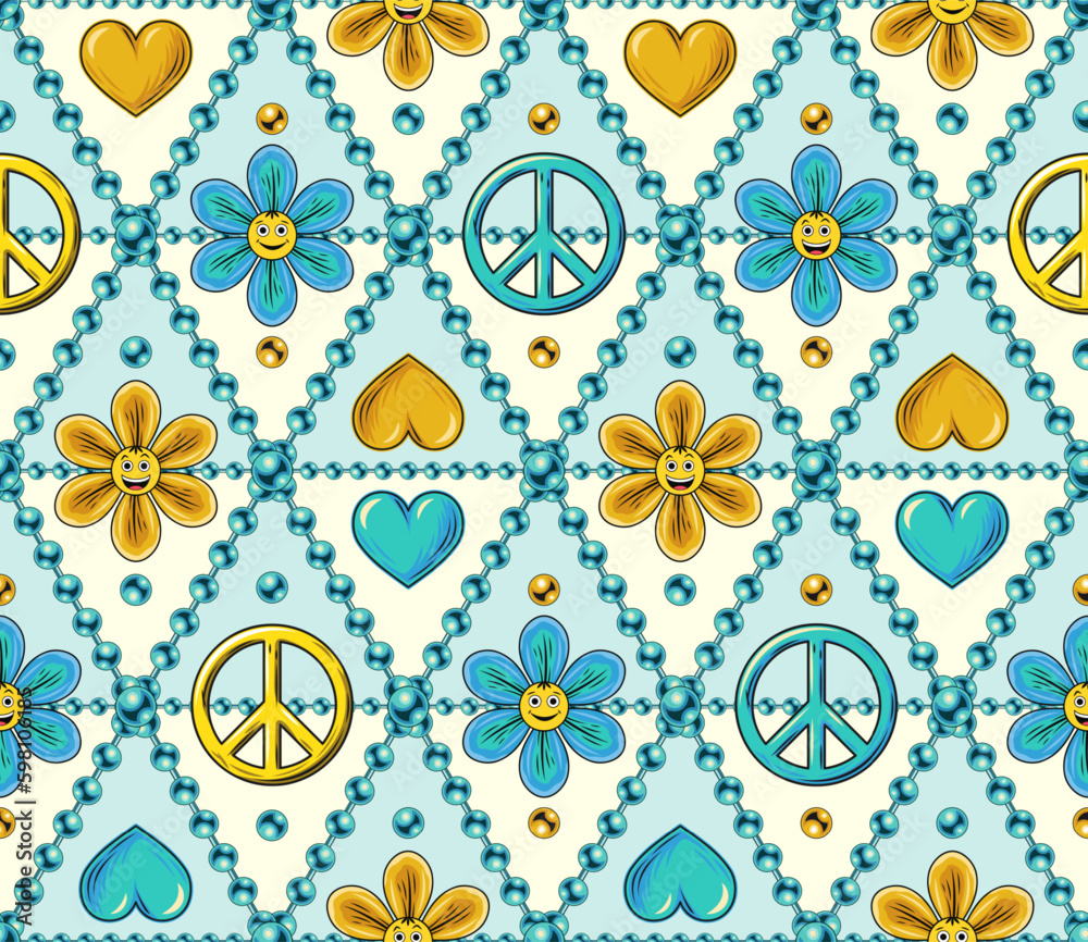 Seamless pattern with chamomile flower, heart, peace sign, beads, emoji. Rhombus geometric grid. Peaceful, positive background in groovy, hippie style.