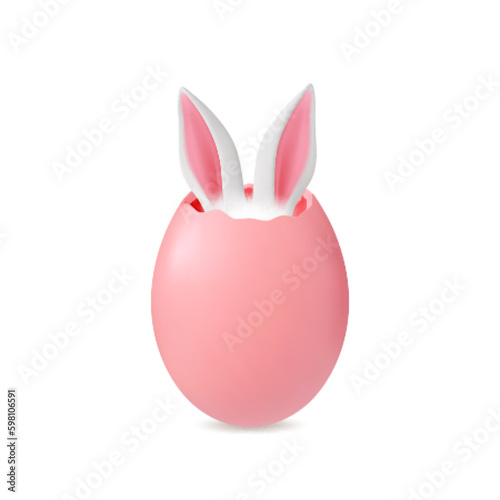 Realistic 3d easter egg with bunnies ears. Rabbit festive, isolated eggs hunting graphic elements. Cracked shell, render vector design