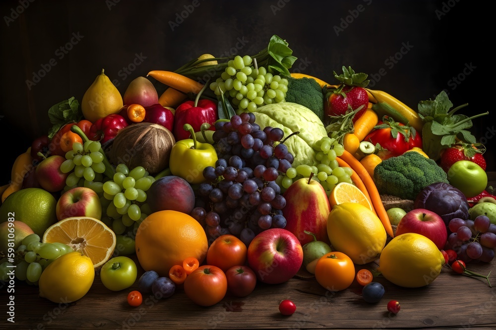 A colorful display of assorted fruits and vegetables arranged in a natural way.