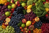 An assortment of colorful fruits and vegetables arranged in a natural display.