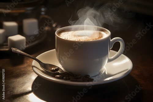 A cup of hot coffee steaming on a table.