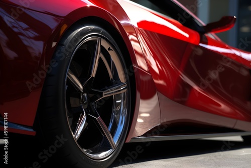 "A sleek red sports car with chrome detailing seen in a close-up shot." © ron