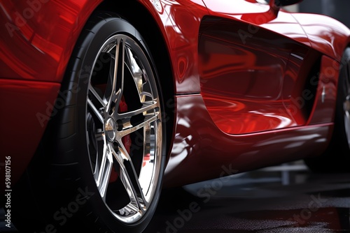 A glossy red sports car with chrome detailing is showcased in a tight shot. © ron