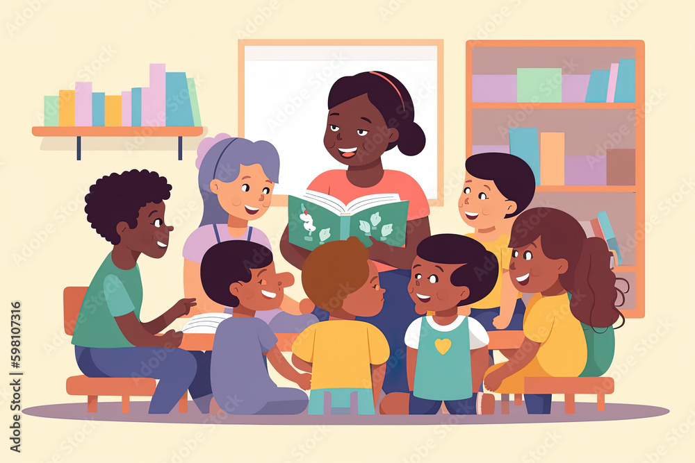 A cartoon illustration showing a teacher reading an educational book to a group of young children in a preschool classroom. Generative AI A cartoon illustration showing a teacher reading an educational book to a group of young children in a preschool classroom. Generative AI
