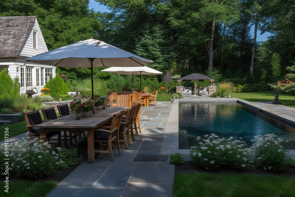 Farmhouse style back yard with swimming pool and outdoor kitchen, outdoor furniture, pool lounger, deep seating, dining table and chairs. Generative AI
