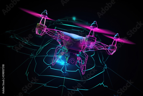High end drone in flight with connections to earth in the form of neon colored lines and icons. Generative AI