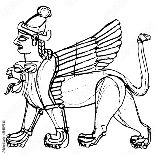 Fantastic sphynx. Winged lion with human head. Ancient Syrian design from Karkemish. Mesopotamian mythology. Hand drawn linear doodle rough sketch. Black silhouette on white background.