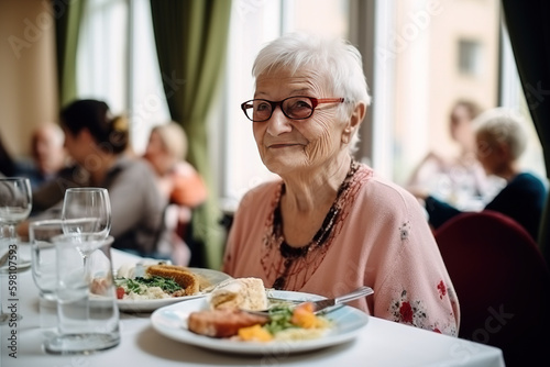 Senior woman in a retirement home having lunch. Generative AI