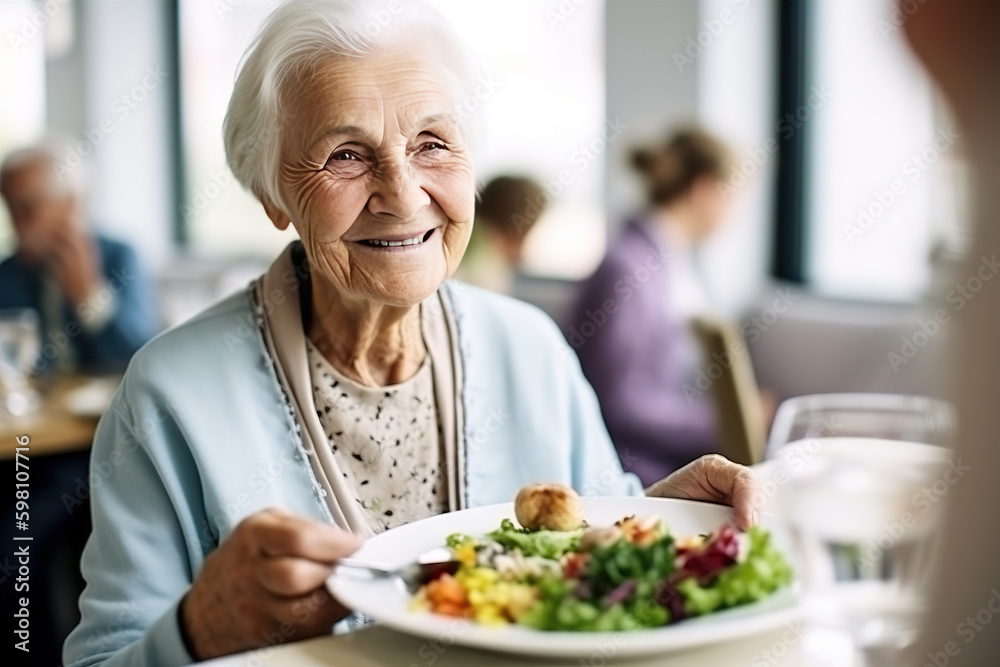 Senior woman in a retirement home having lunch. Generative AI Senior woman in a retirement home having lunch. Generative AI